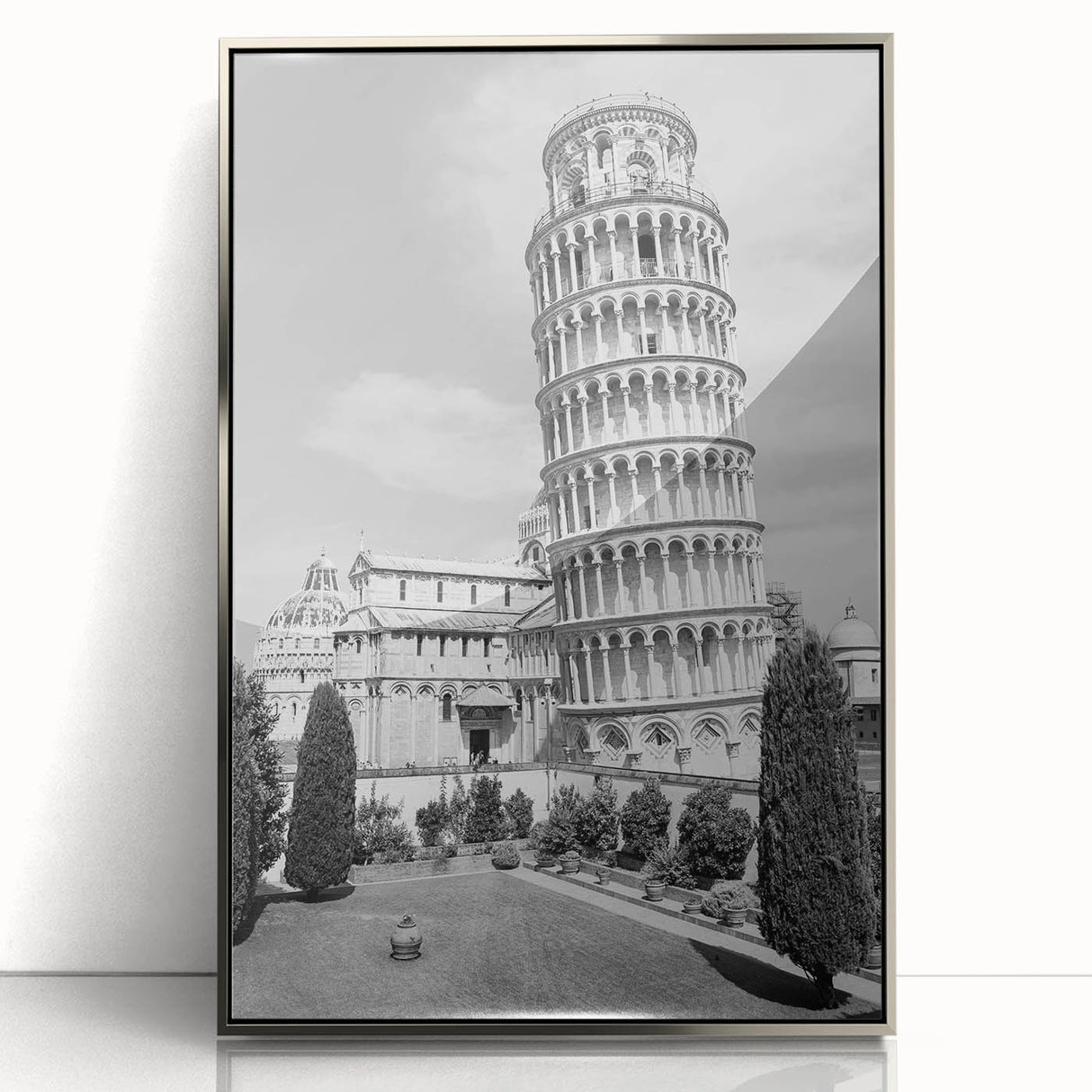 Large art print of the Leaning Tower of Pisa in muted earth tones, framed in silver acrylic, ideal for modern art wall decor.