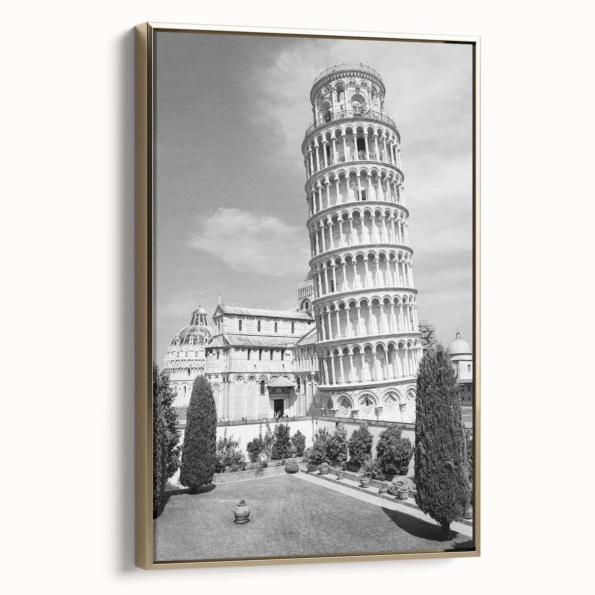 Framed canvas of a vintage-style Pisa landscape in muted gold and black tones, ideal for bedroom wall art.