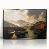 Large art print of Portofino, Italy, in muted colors on framed acrylic, ideal for modern art wall decor.