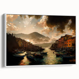 Vintage poster art of Portofino, Italy with vibrant colors on a white-framed canvas, ideal for living room decor.
