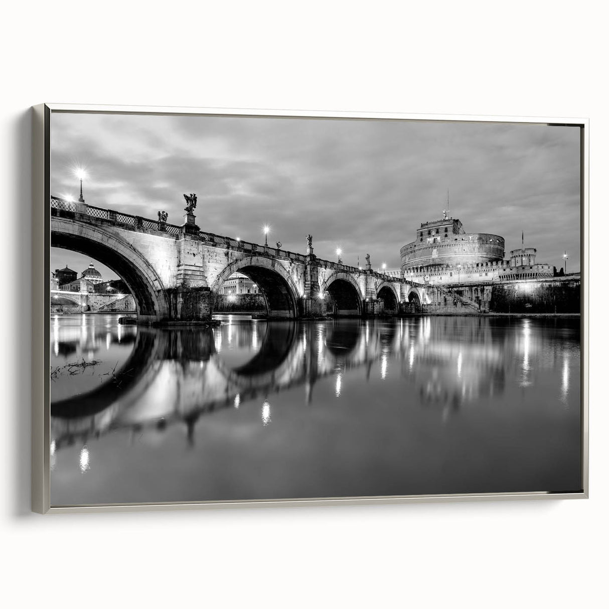 Framed canvas landscape art painting of Rome with colorful and vintage poster art elements.