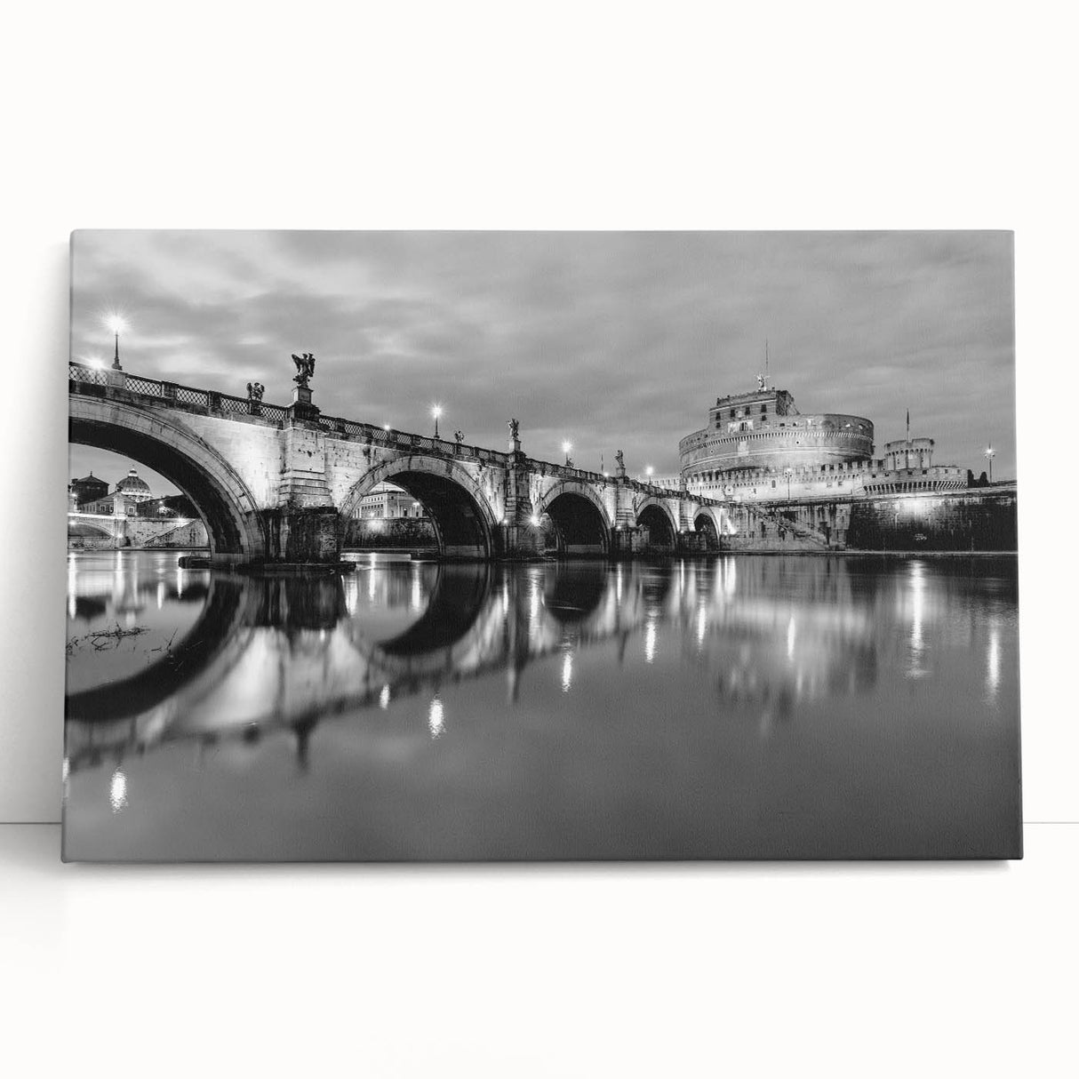 Black and white stretched canvas of Rome's architecture, ideal for kitchen wall art.
