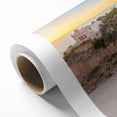 Art deco poster of Sicilian landscape on rolled canvas, featuring soft pastel shades, ideal for nursery wall art.