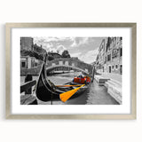 Extra large abstract print of Venice scenery in muted blues and grays, framed in silver, ideal for living room decor.