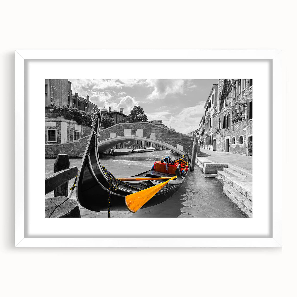 Textured art print of an abstract Venice scenery in muted earth tones on a framed white mat, ideal for bedroom wall decor.