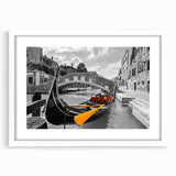 Textured art print of an abstract Venice scenery in muted earth tones on a framed white mat, ideal for bedroom wall decor.