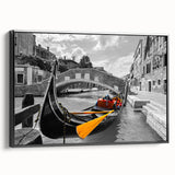 Black and white framed canvas of Venice landscape with vintage poster art style, ideal for bedroom decor.
