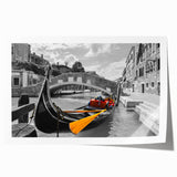 Venetian canal scene with gondolas in muted earth tones on a rolled canvas, ideal for art wall dining room.