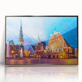 Art Deco style poster of a European scenery in Latvia, with gold frame, ideal for modern art wall decor.