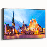Black and white vintage poster art of a Latvian landscape on framed canvas, ideal for bedroom decor.
