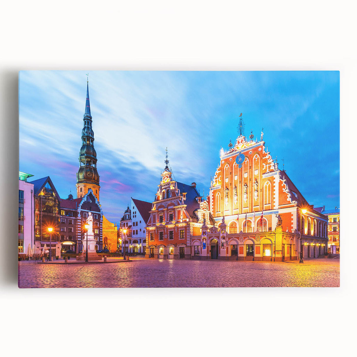 Black and white photograph of a European cityscape on stretched canvas, ideal for kitchen wall art or bedroom ambiance.