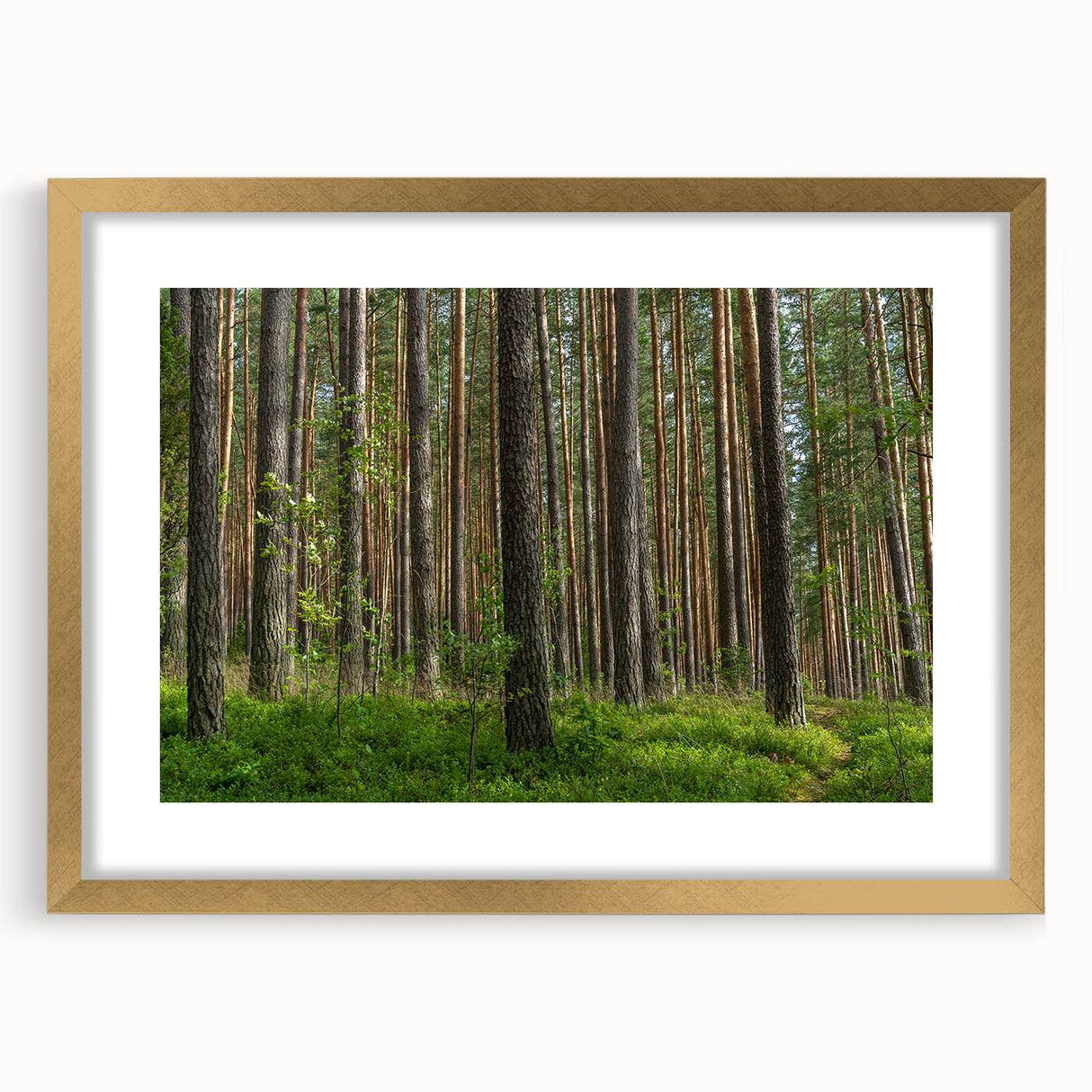 Abstract art print of a European landscape in gold frame, featuring muted earth tones, ideal for dining room decor.
