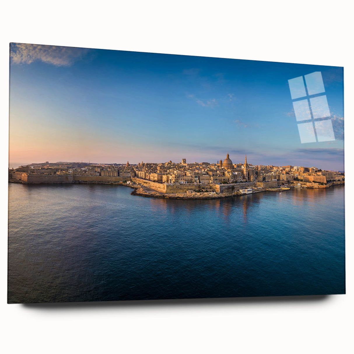Large abstract wall art of a European Malta scenery in muted earth tones on acrylic glass.