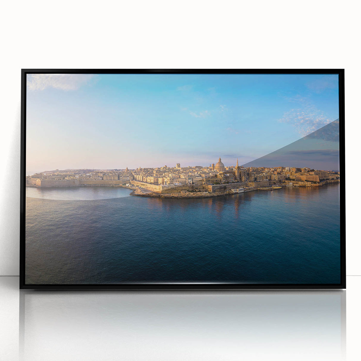 Large abstract wall art depicting a European Malta scenery in muted earth tones, framed in black acrylic.
