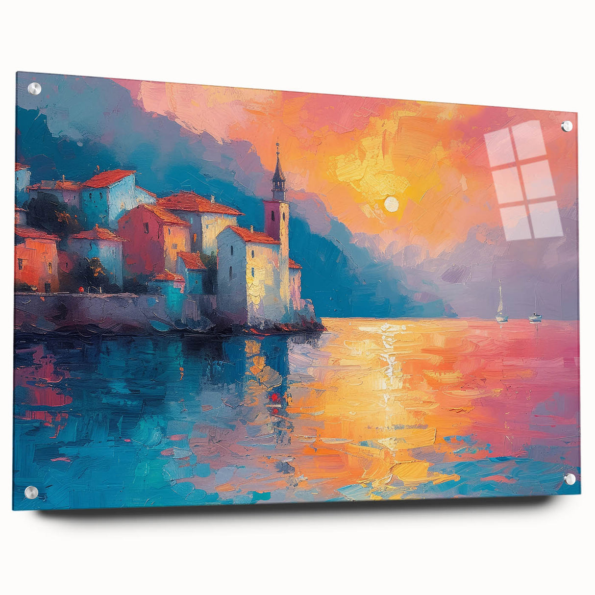 Acrylic print of a Mediterranean seascape with vivid blue and turquoise waters, ideal for dining room decor.