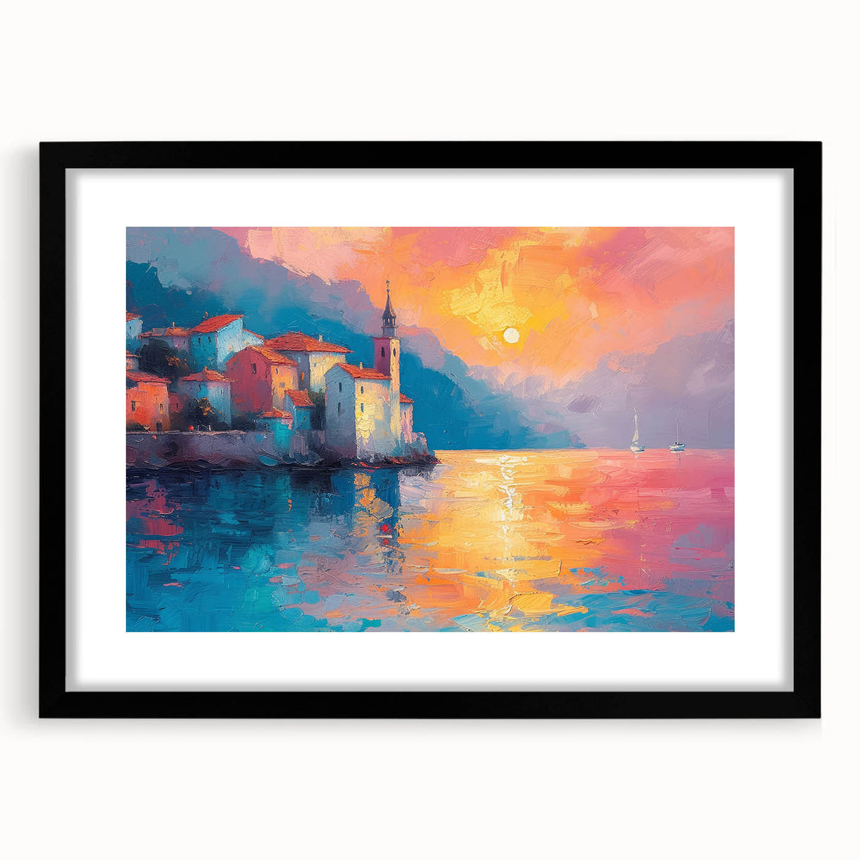 Extra large abstract art print of Mediterranean scenery in vibrant colors on a black framed canvas.