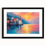 Extra large abstract art print of Mediterranean scenery in vibrant colors on a black framed canvas.