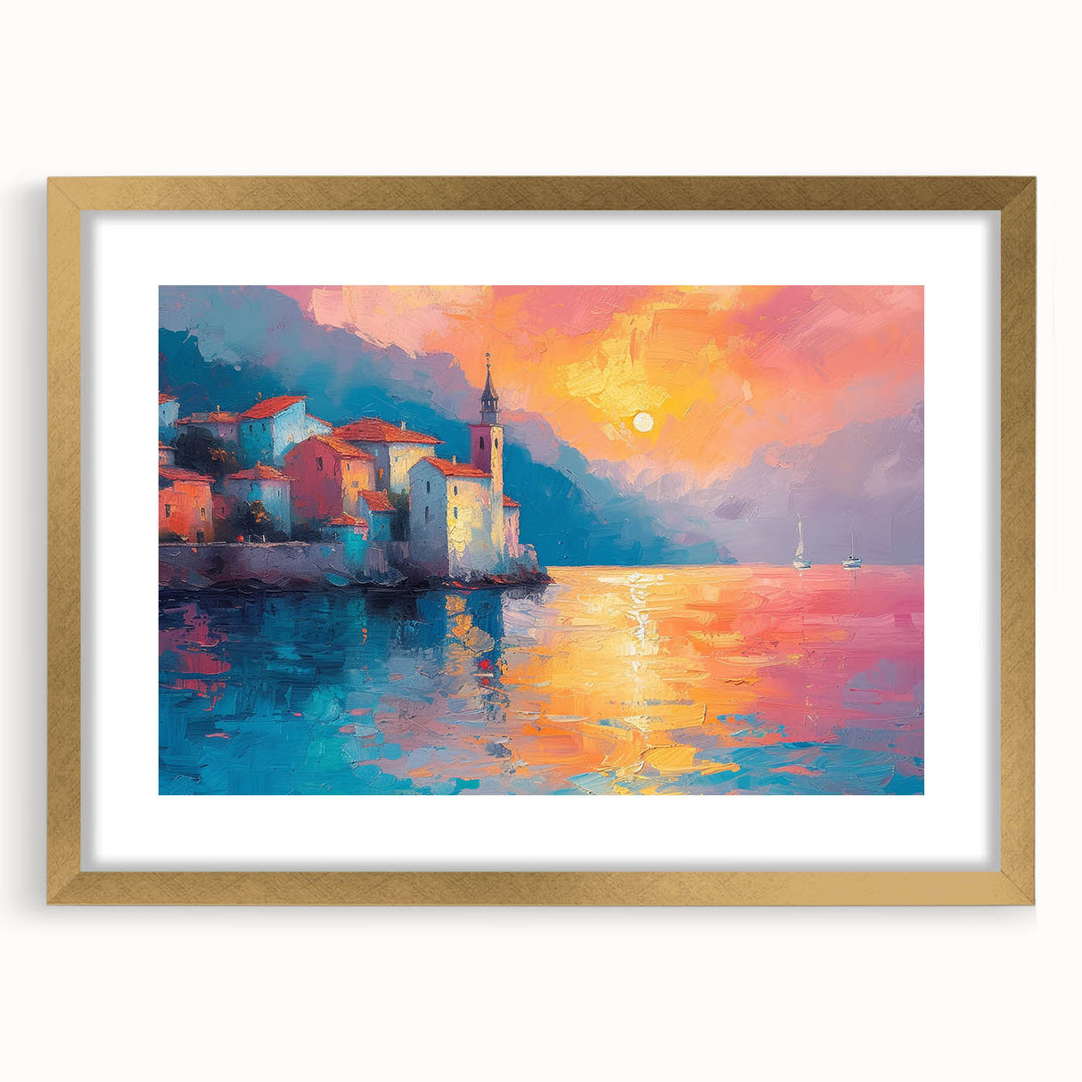 Abstract art print of the Mediterranean Sea in muted blue and white tones, framed in gold, suitable for dining room decor.