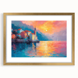 Abstract art print of the Mediterranean Sea in muted blue and white tones, framed in gold, suitable for dining room decor.