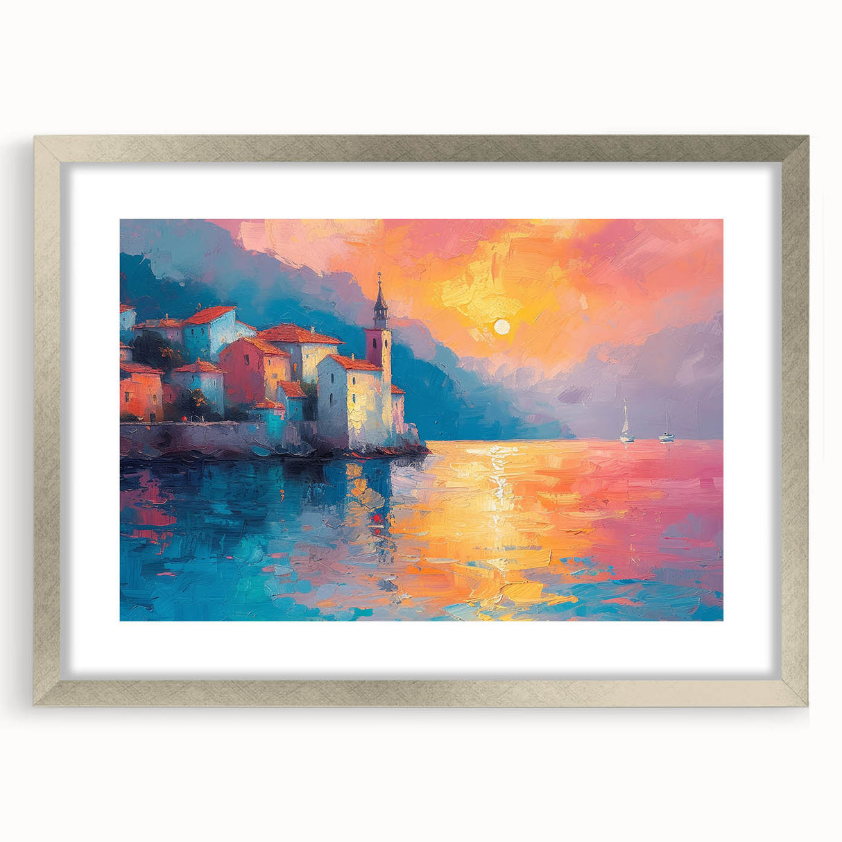 Extra large abstract art print depicting the Mediterranean Sea in textured blue and teal hues, framed in silver.