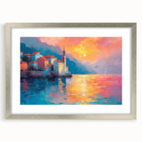 Extra large abstract art print depicting the Mediterranean Sea in textured blue and teal hues, framed in silver.