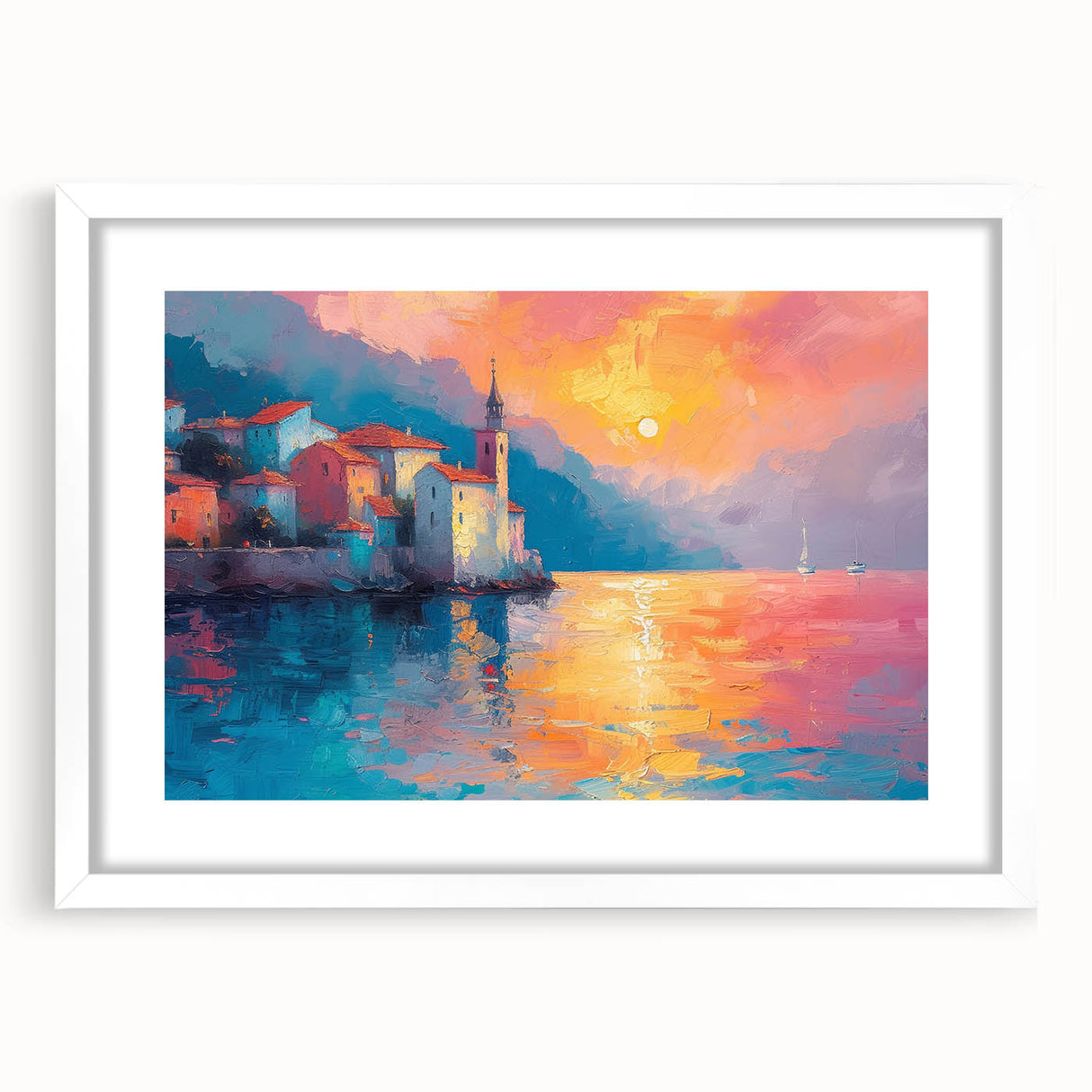 Textured abstract art print of the Mediterranean Sea in muted blue and white tones, framed with a white mat.
