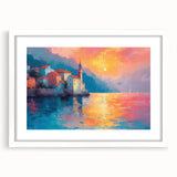 Textured abstract art print of the Mediterranean Sea in muted blue and white tones, framed with a white mat.