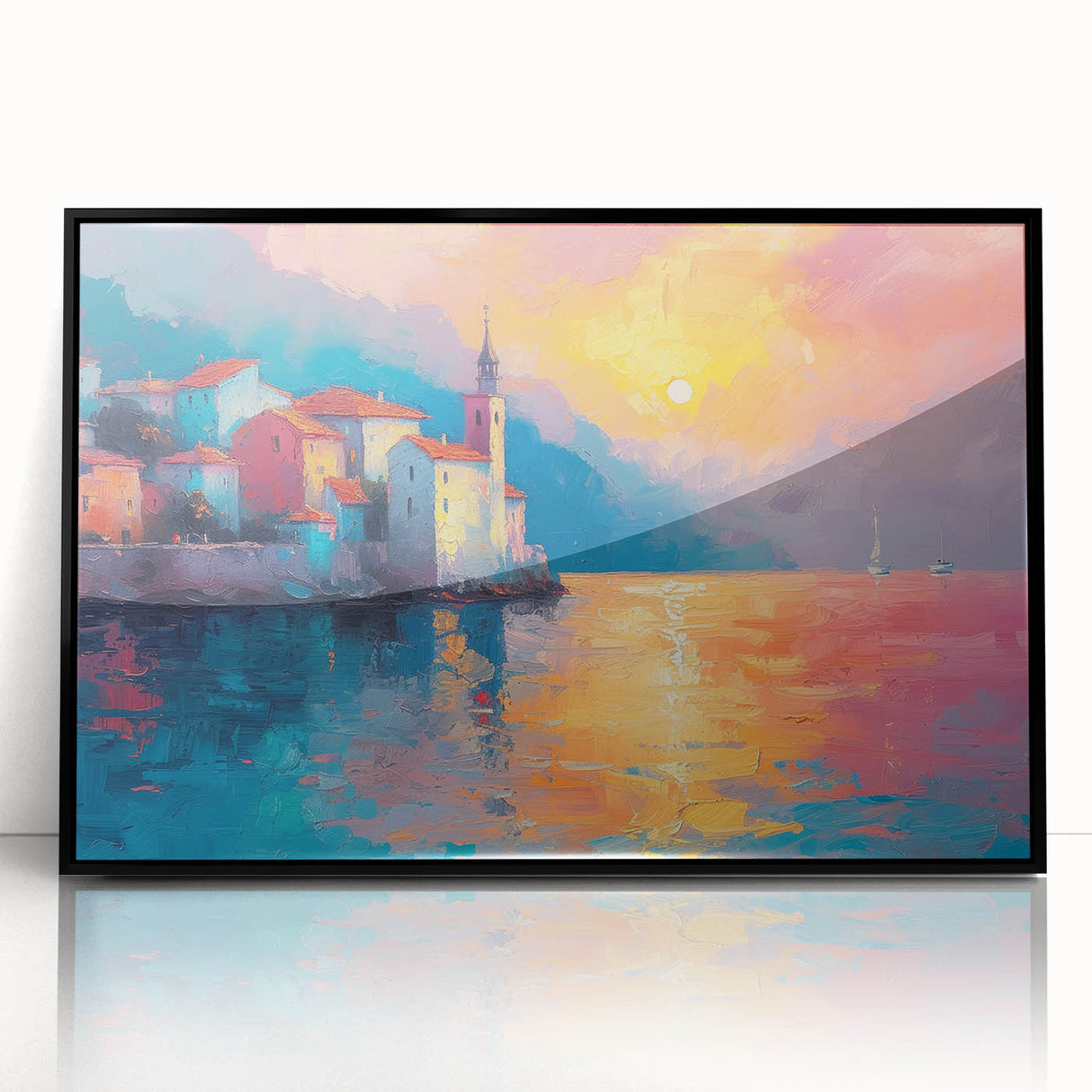 Large abstract wall art depicting the Mediterranean Sea in muted blue tones on framed acrylic.