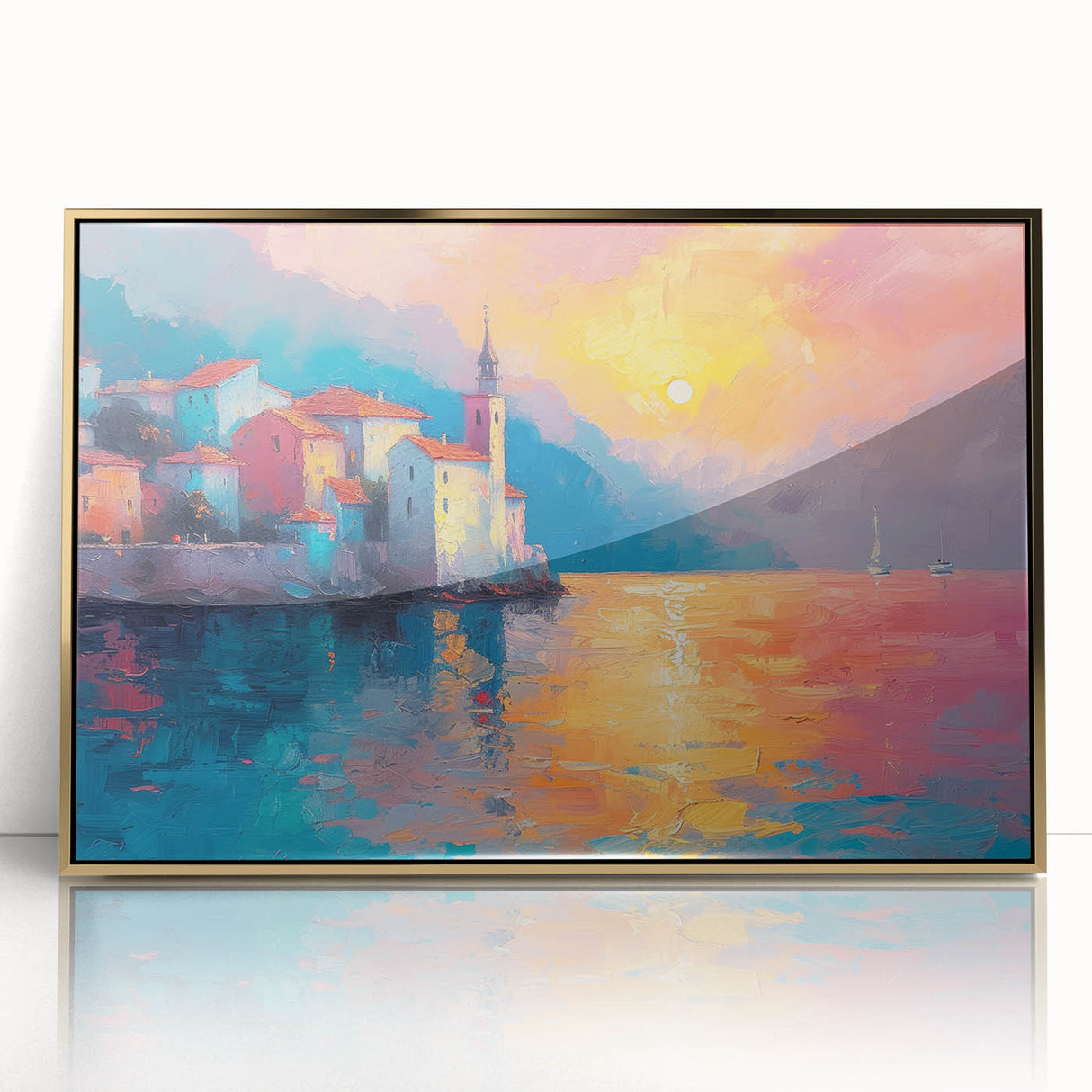Art deco poster of the Mediterranean Sea in soft pastels on a framed acrylic, ideal for modern art wall decor.