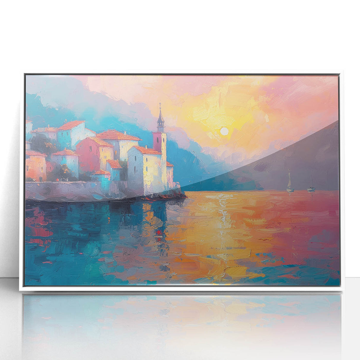 Mid-century modernist art depicting the Mediterranean Sea with muted blue and white tones on a framed acrylic print.