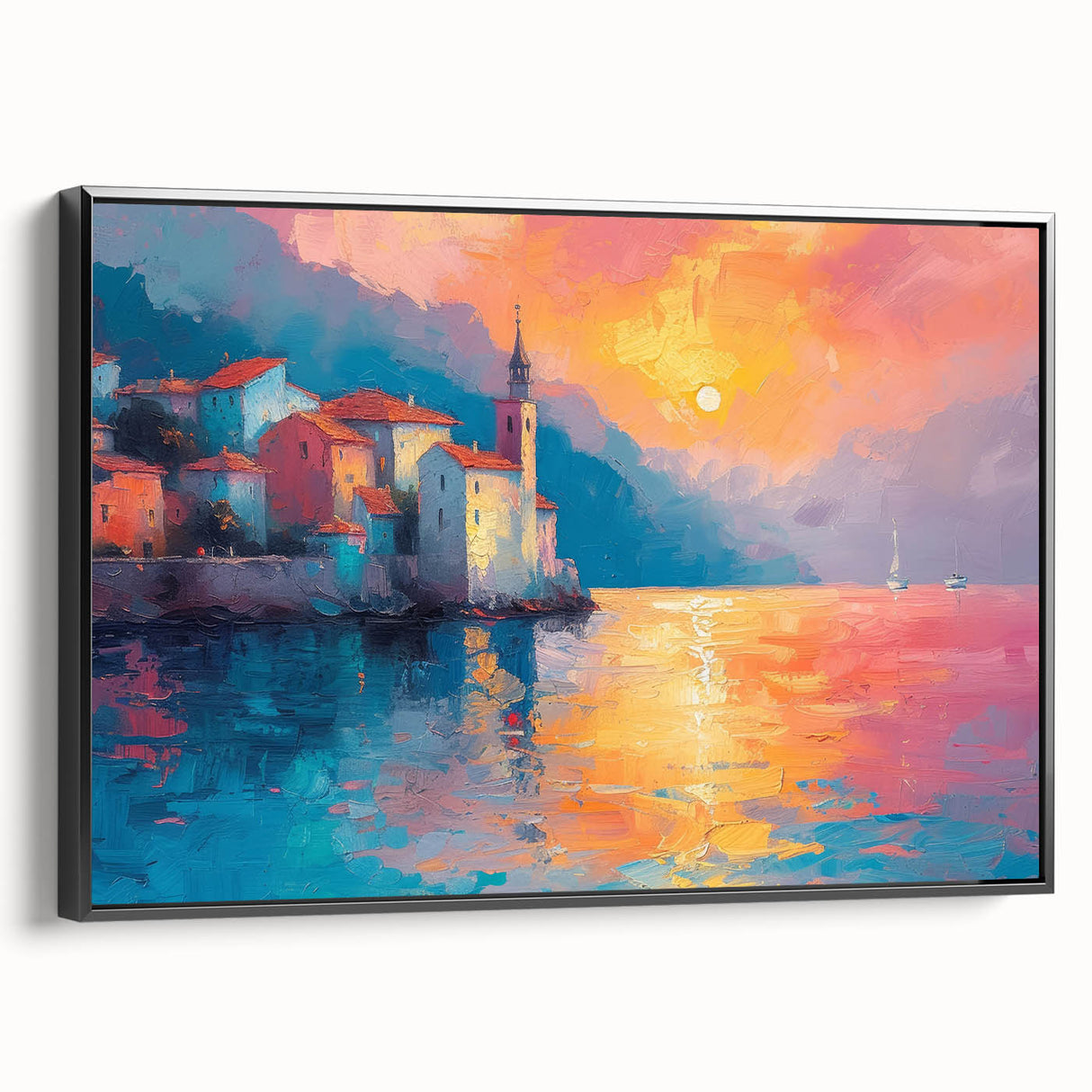 Black and white framed canvas depicting a vintage-style Mediterranean seascape, ideal for bedroom wall decor.