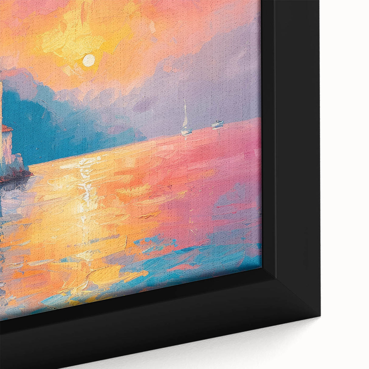 Extra large black wall art featuring a textured Mediterranean Sea scene on framed canvas, with colorful art accents.