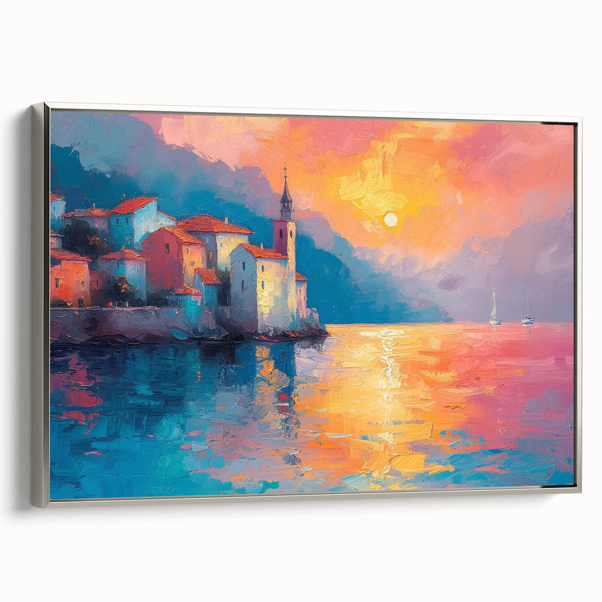 Framed canvas landscape art painting depicting the Mediterranean Sea, with a vintage poster style and colorful palette.
