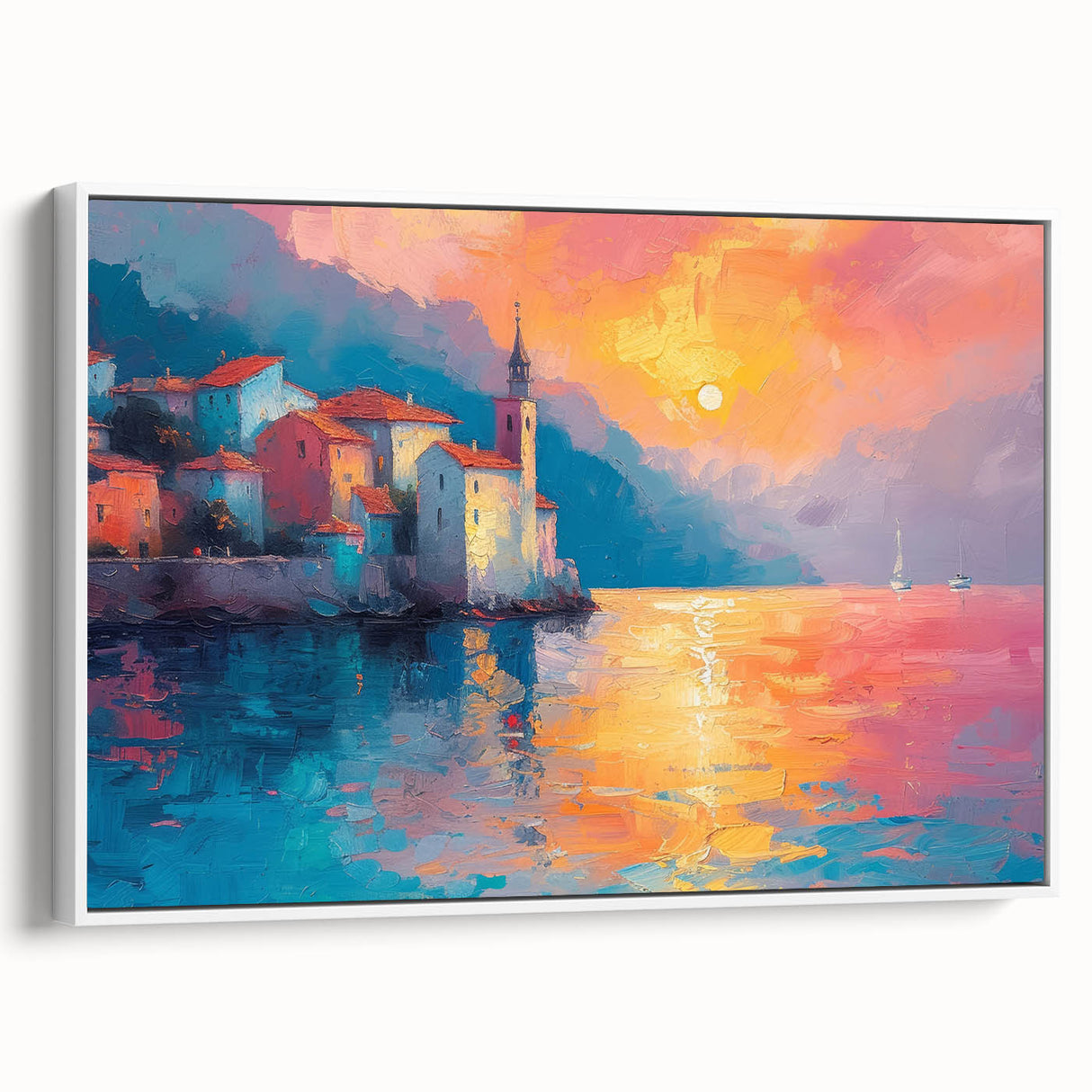 Vintage poster art of the Mediterranean Sea, featuring vibrant blues and whites on a framed canvas.