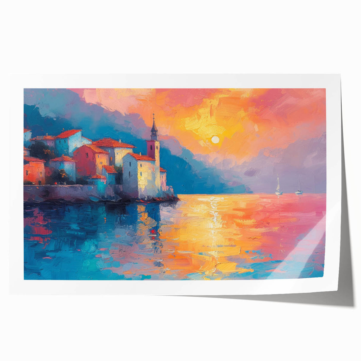 Rolled print of Mediterranean scenery with blue sea and sky, ideal for art wall dining room.