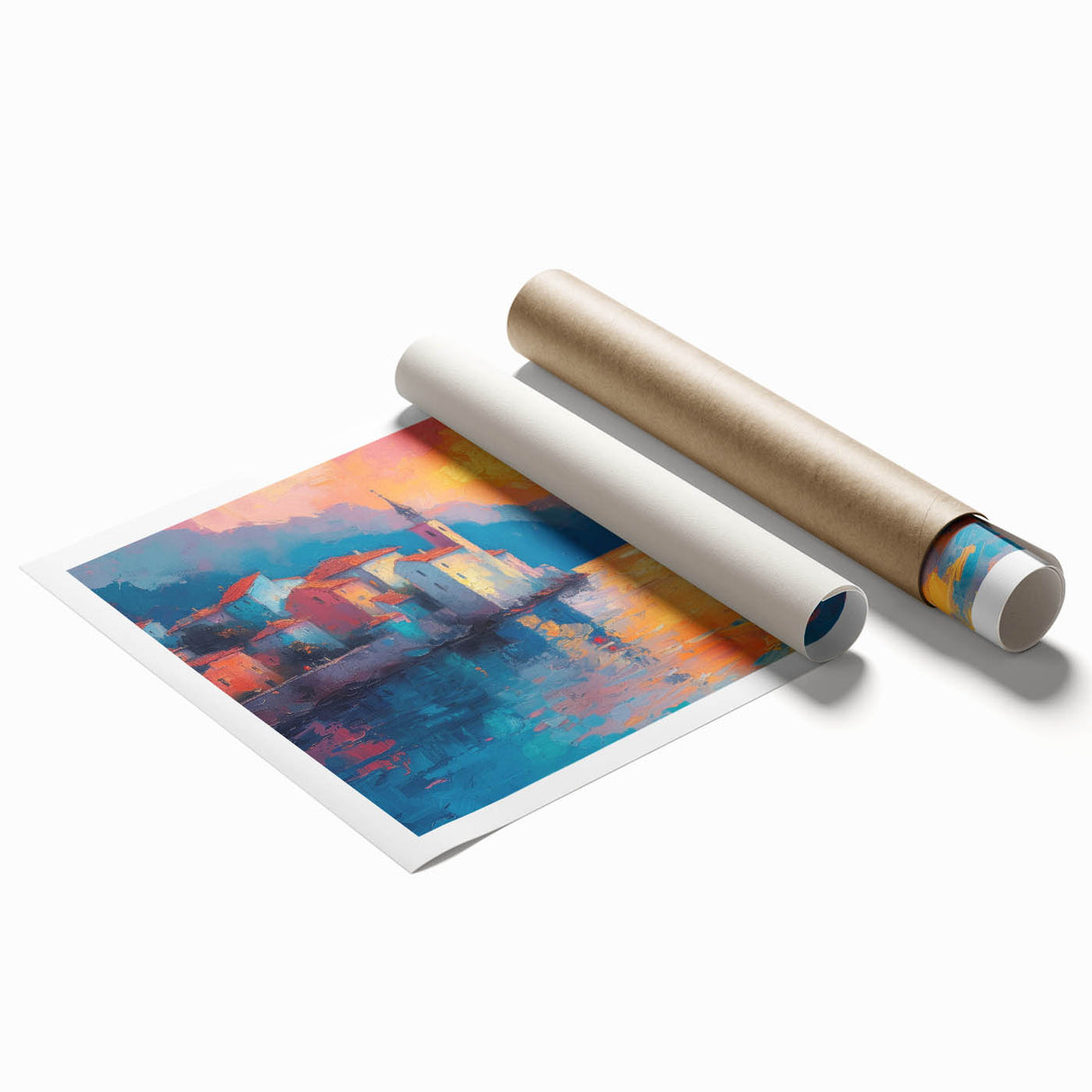 Rolled print of a Mediterranean seascape with vibrant blue waters and floral foreground, ideal for classy bathroom wall art.