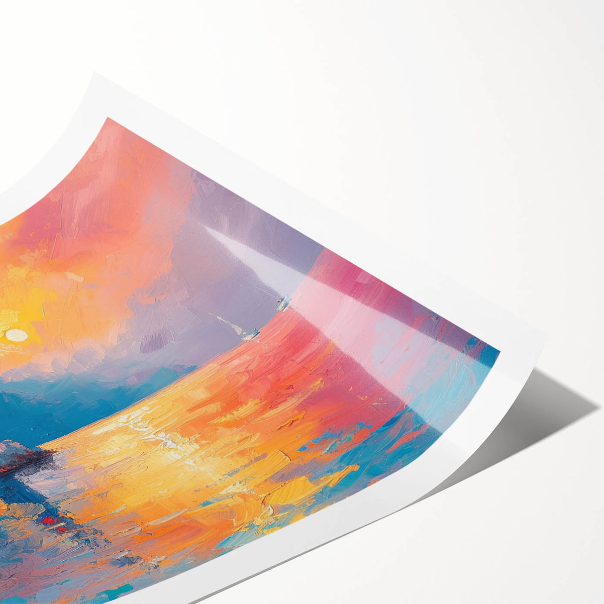 Extra large rolled print of a Mediterranean seascape with line art flowers in muted blue and green tones.