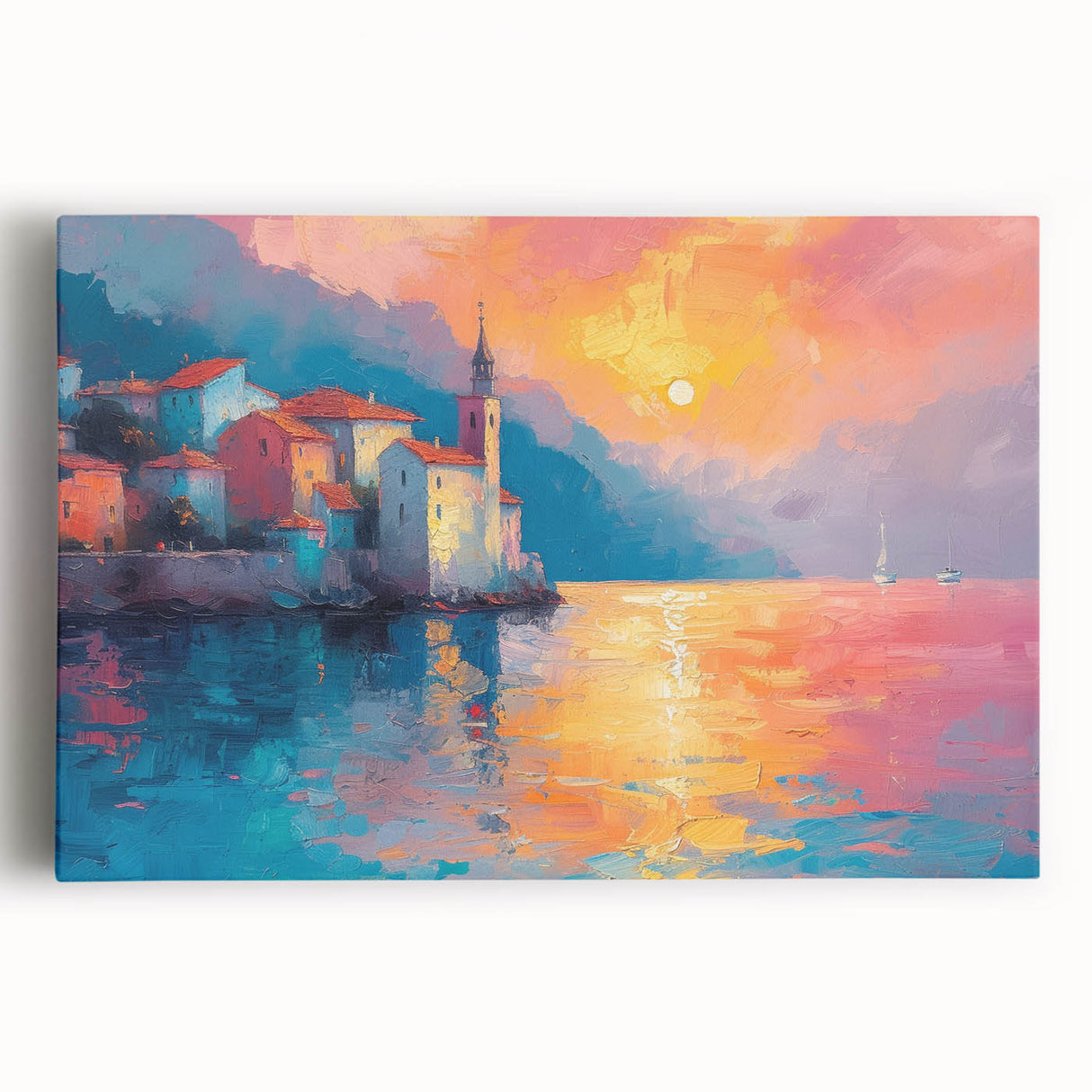 Mediterranean seascape in black and white on a large stretched canvas, ideal for kitchen wall art or bedroom ambiance.