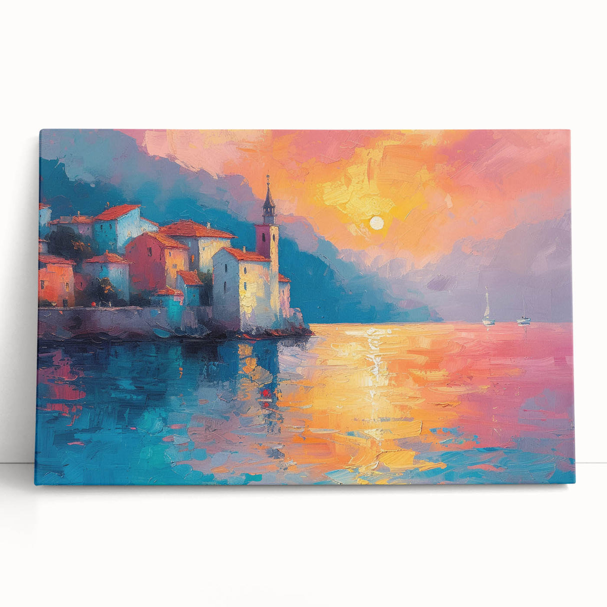 Black and white stretched canvas of Mediterranean Sea scenery, suitable as large kitchen wall art.
