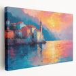 Large stretched canvas depicting a Mediterranean seaside landscape in vibrant blue and white tones.
