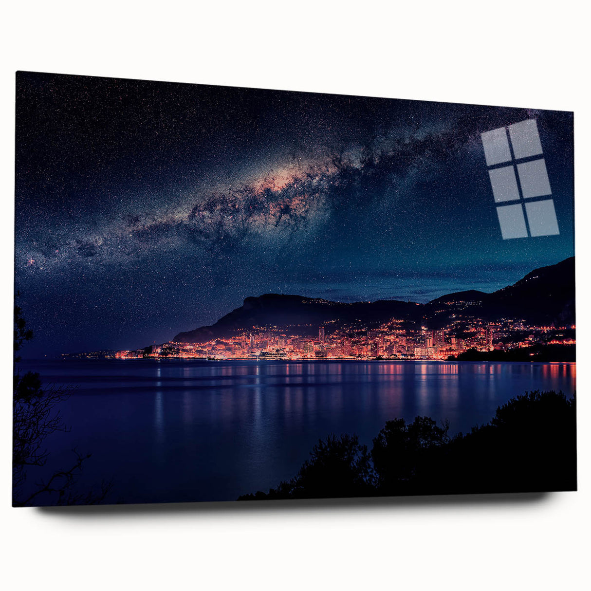 Large abstract depiction of Monaco scenery in muted blue and white tones on acrylic glass.