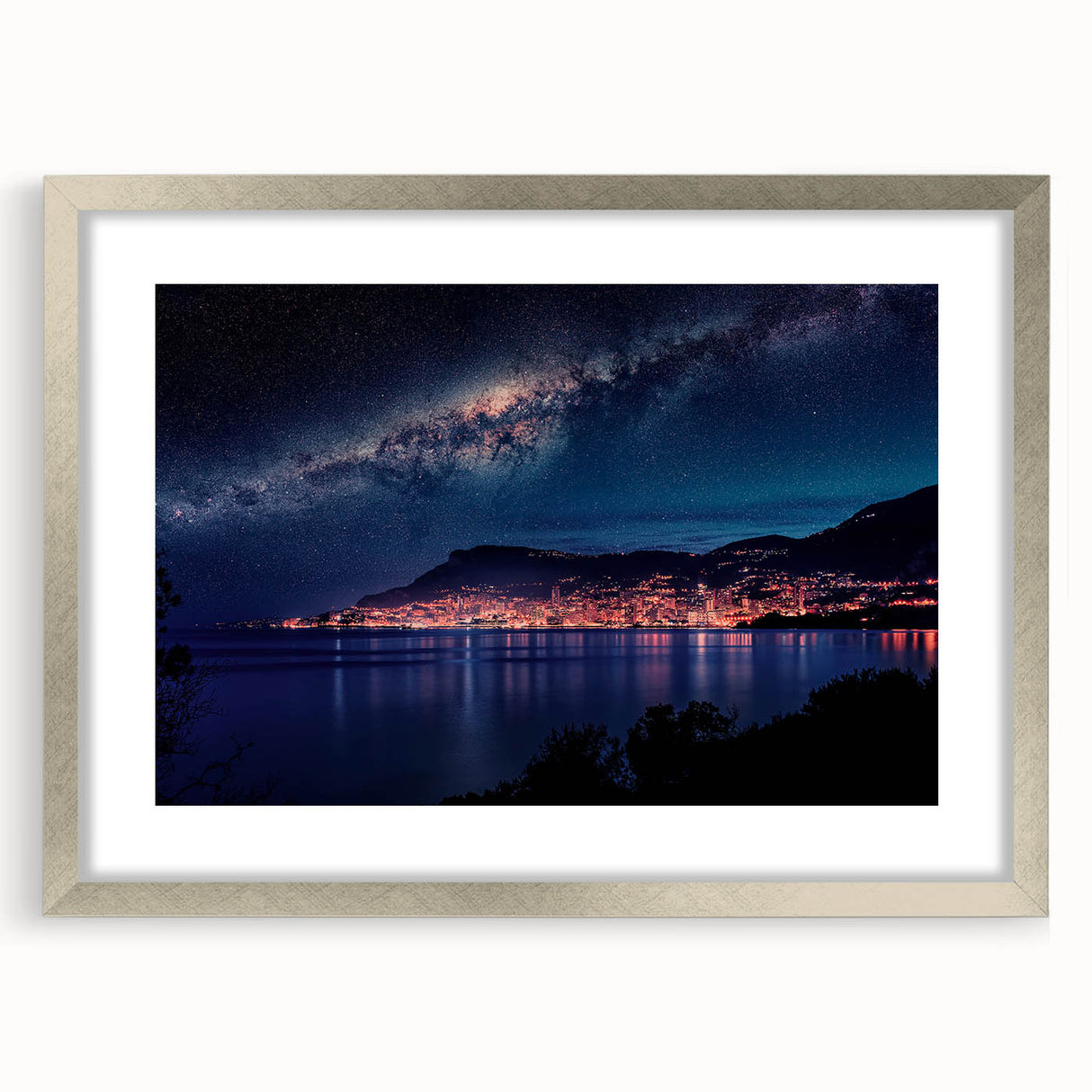 Extra large abstract art print of Monaco scenery in silver frame, ideal for living room decor.