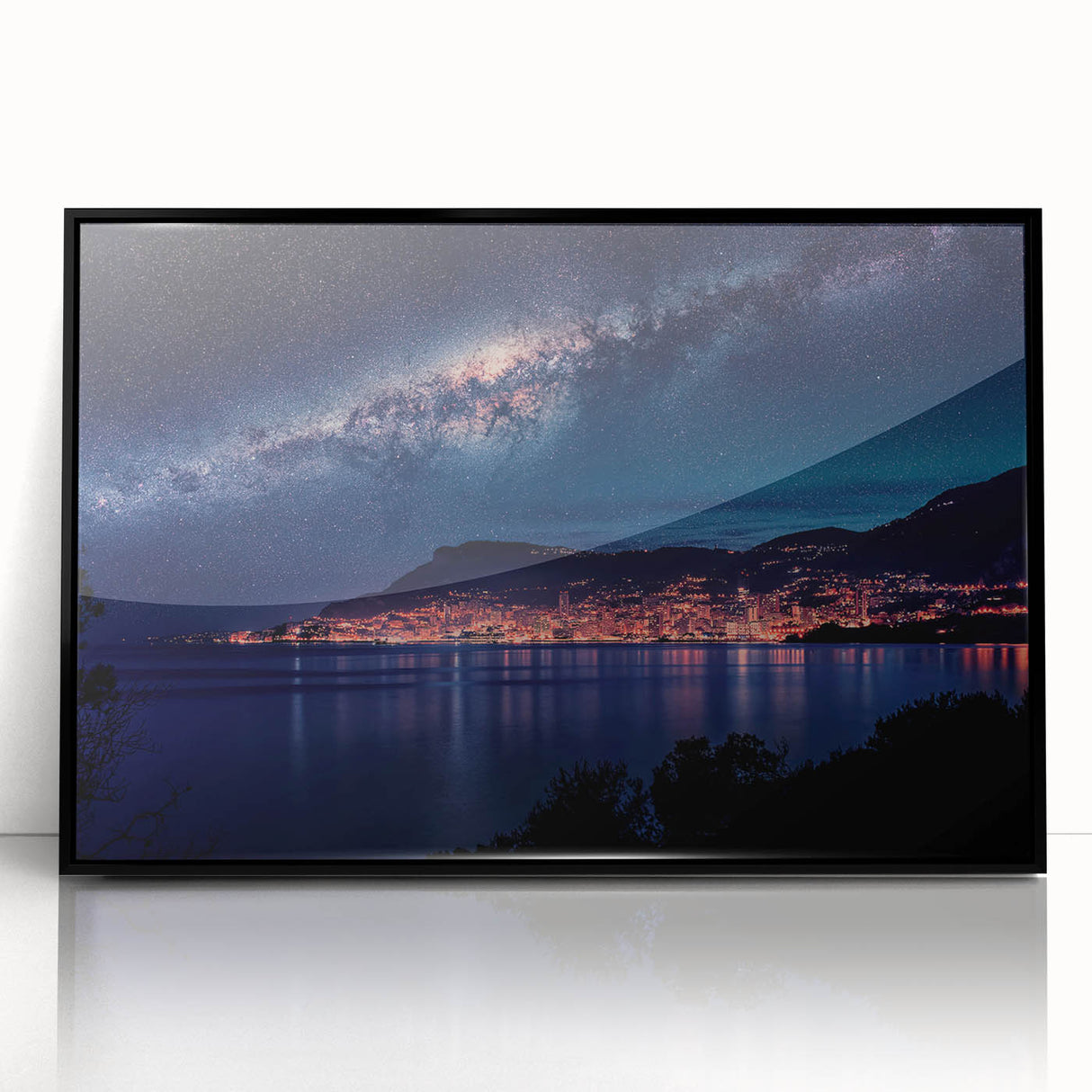 Large abstract wall art depicting a European Monaco scenery in acrylic, framed in black, ideal for modern living room decor.