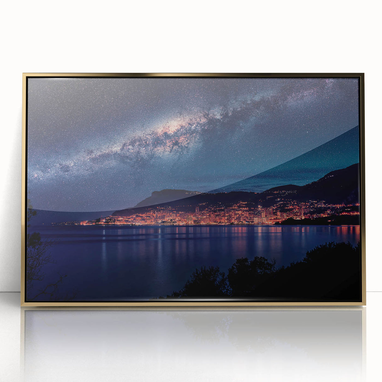 Art deco poster of Monaco scenery in gold and blue tones on a framed acrylic, suitable for modern art wall decor.