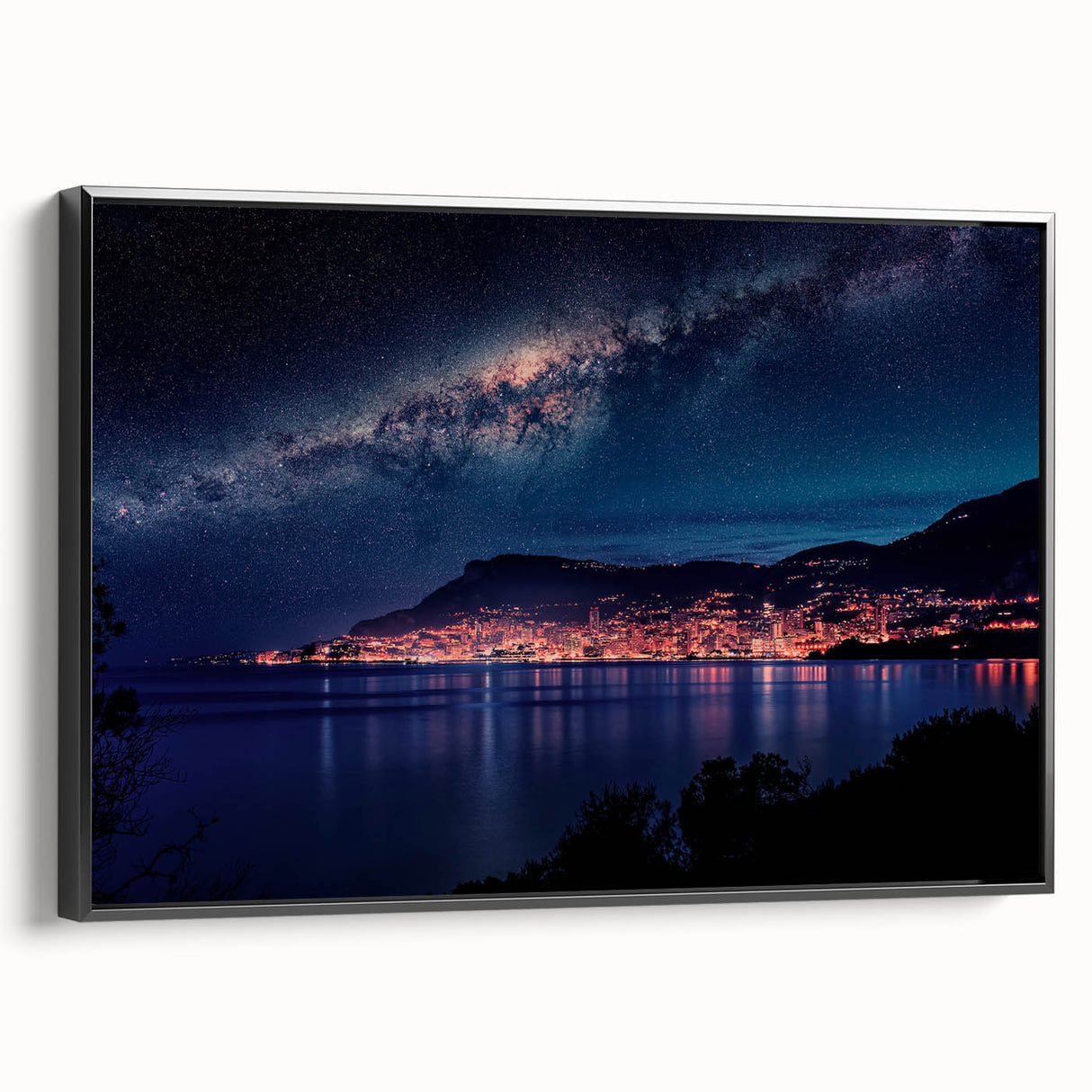 Black and white framed canvas of a vintage Monaco landscape, ideal for bedroom wall decor.