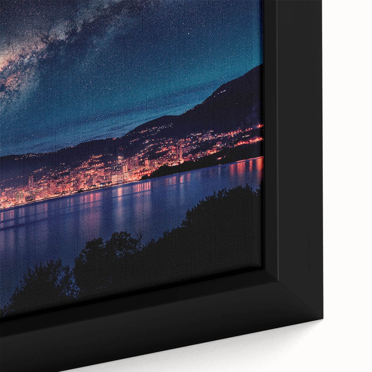 Extra large framed canvas of a textured Monaco scenery in black with colorful art accents, ideal for living room decor.