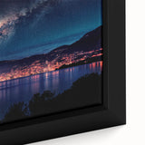 Extra large framed canvas of a textured Monaco scenery in black with colorful art accents, ideal for living room decor.
