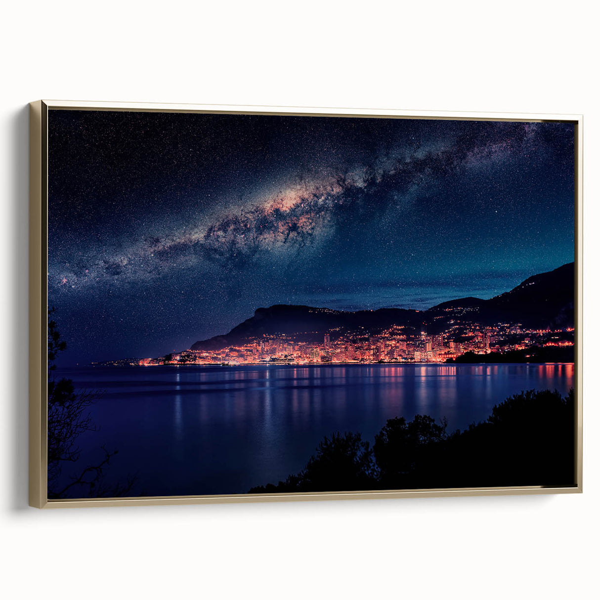 Framed canvas wall art featuring a vintage-style Monaco landscape in black and gold tones, ideal for bedroom decor.
