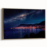 Framed canvas wall art featuring a vintage-style Monaco landscape in black and gold tones, ideal for bedroom decor.