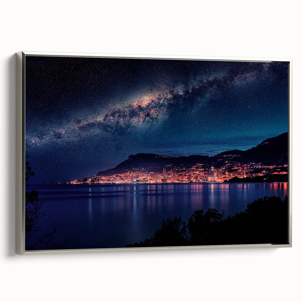 Framed canvas featuring a vintage-style landscape painting of Monaco with colorful art elements.